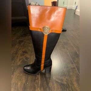 Étienne Aigner Black and Brown Knee-High Boots with Gold Accent